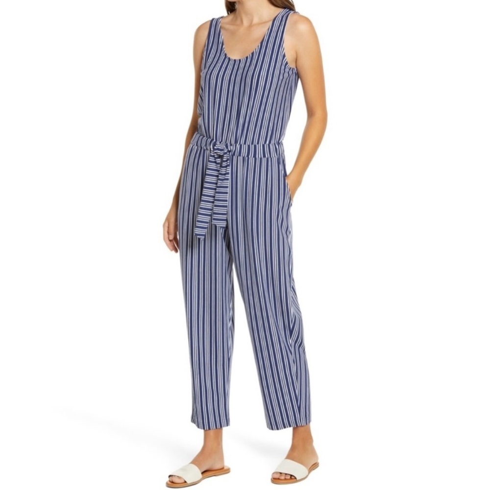 NWT Vineyard Vines Cay Cay Striped Knit Jumpsuit Sleeveless Tie Waist Navy White